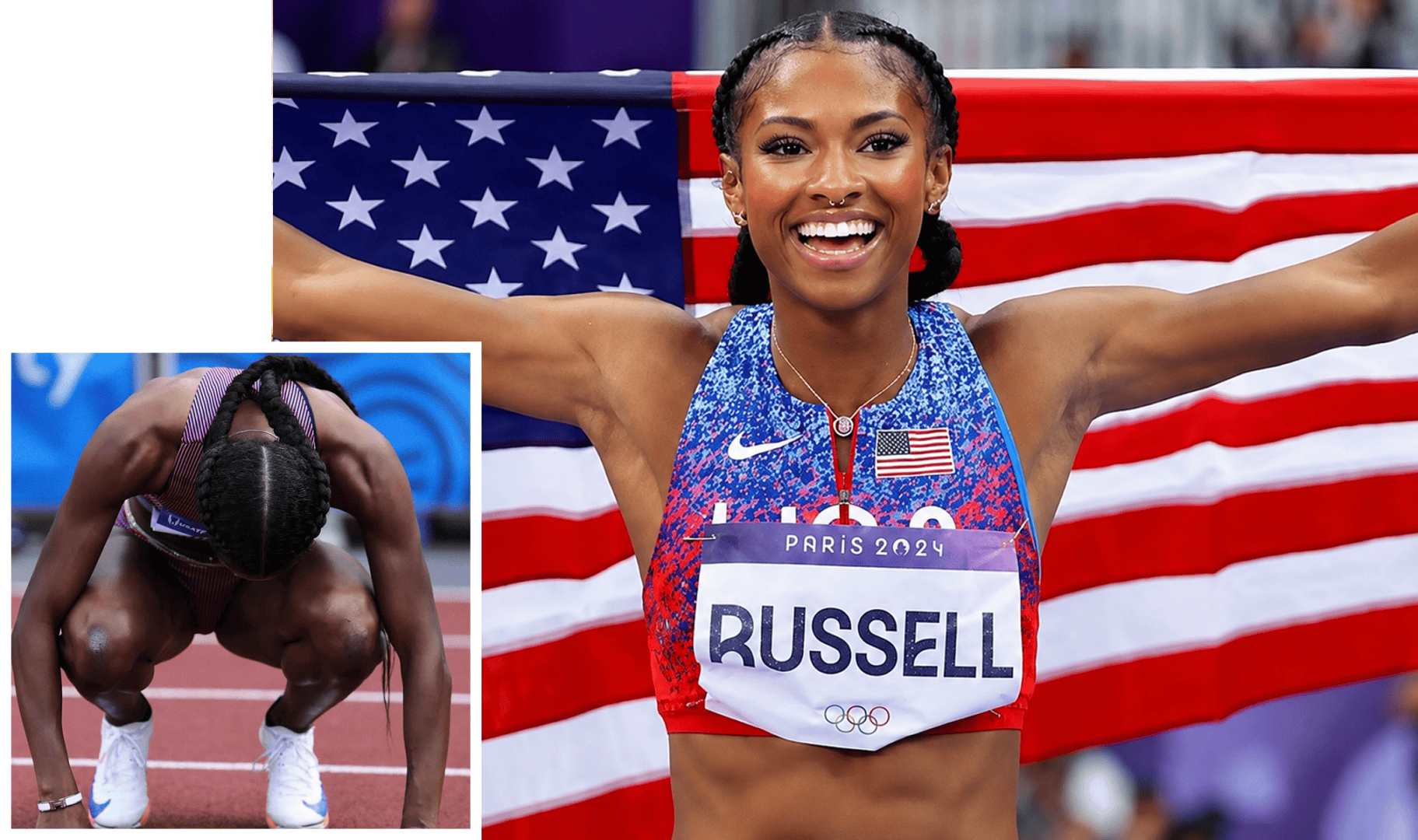 Athlete celebrates with American flag